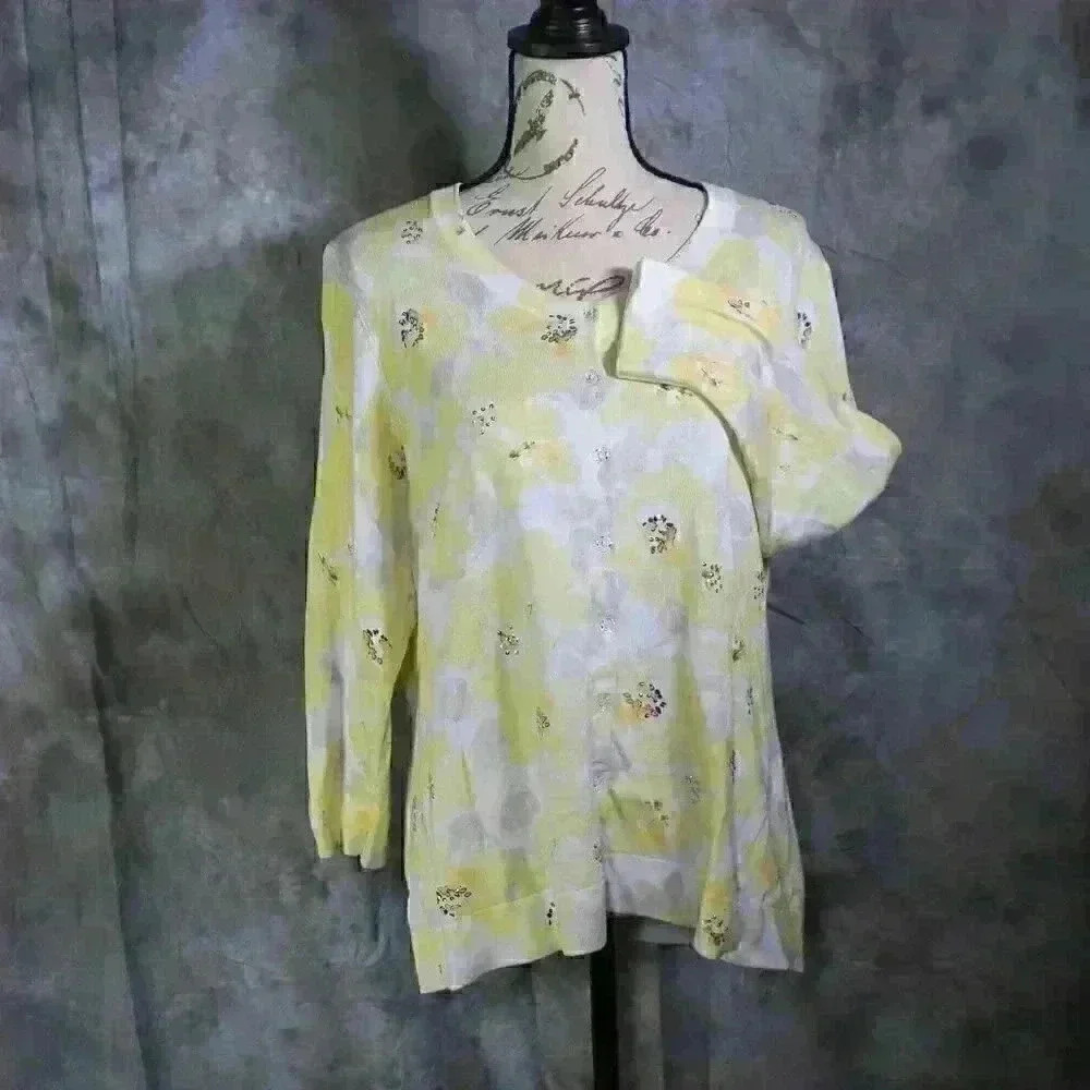Charter Club Yellow sequins button down sweater w/pattern size XL